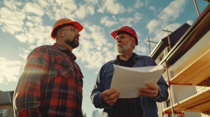 Two construction workers in hard hats studying blueprints or plans for a building project
