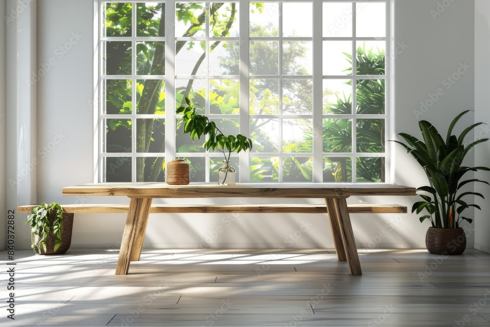 Poster a simple wooden table placed near a window