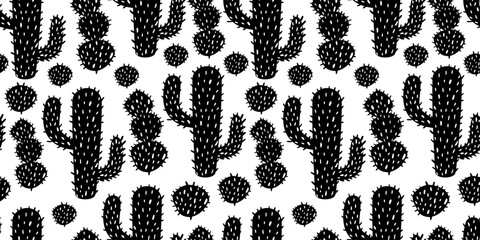 Vector seamless pattern with cactus. Black and white