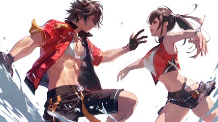 An anime illustration capturing a playful rivalry between a spirited male character and a feisty female character, Generative AI