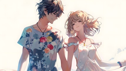 Fototapeta premium An endearing anime artwork featuring a handsome male character and a lovely female character holding hands affectionately, set against a plain white backdrop, Generative AI