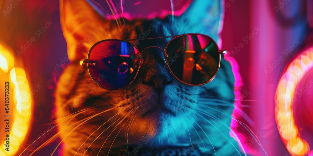 Poster a feline friend strikes a pose in front of a reflective surface, complete with trendy shades