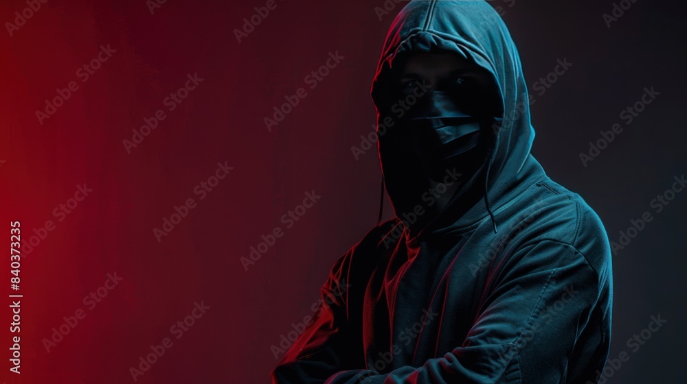 Poster anonymous mask hacker computer in hoodie and cyber security concept.