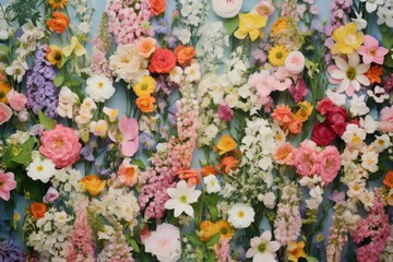 A vibrant and colorful wall of various flowers, showcasing a lively and diverse floral arrangement in full bloom.