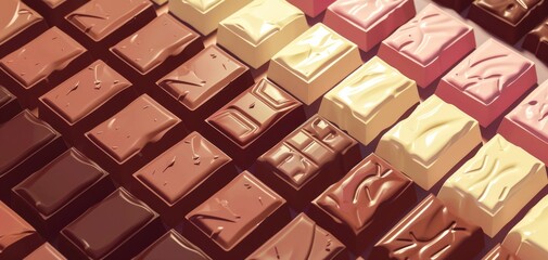 Assorted chocolate bars in various shapes and flavors arranged in a grid, showcasing the range of different chocolates available.
