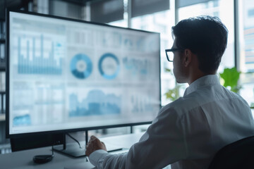 Business professional analyzing statistical data on a large monitor in an office setting, focusing on charts and graphs.