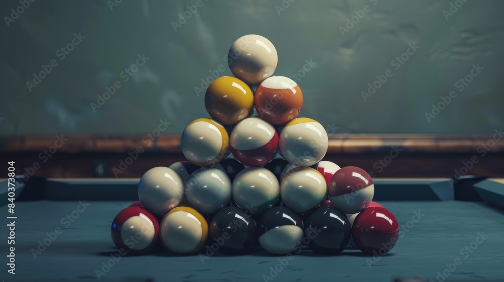 Poster a collection of colorful pool balls stacked on the surface of a pool table, ready for play