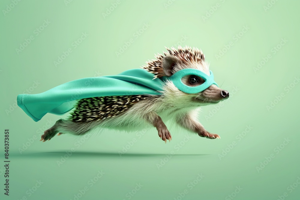 Wall mural A charming hedgehog, donning a turquoise superhero cloak and mask, leaps and glides against a sunny meadow background.