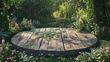Tranquil Garden Gathering Space for Outdoor Events Wooden Platform Surrounded by Blooming Flowers