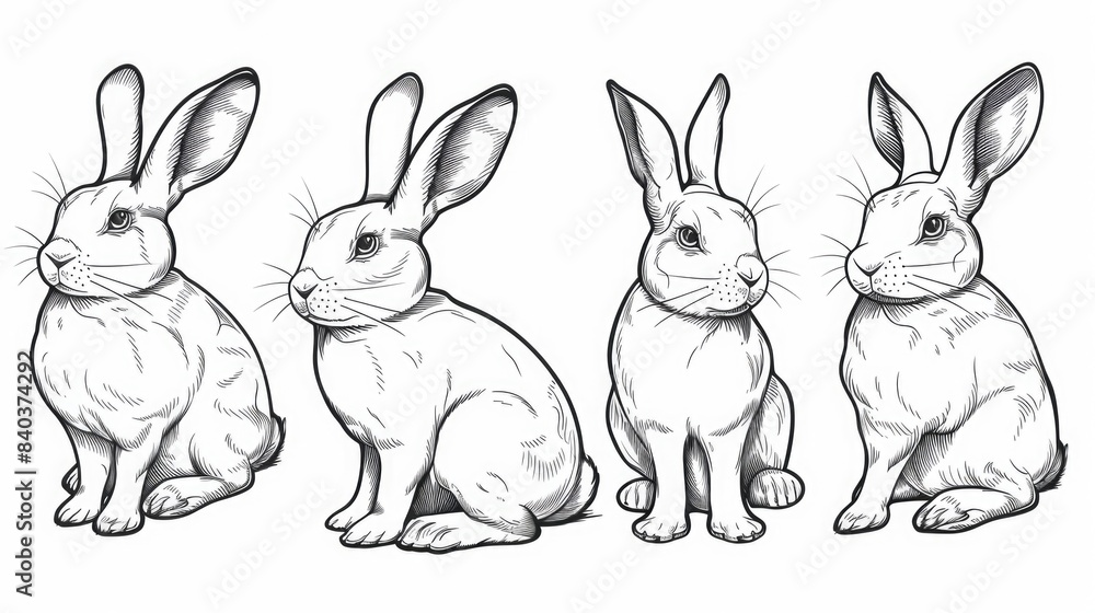 Poster three rabbits are sitting next to each other on a grassy surface
