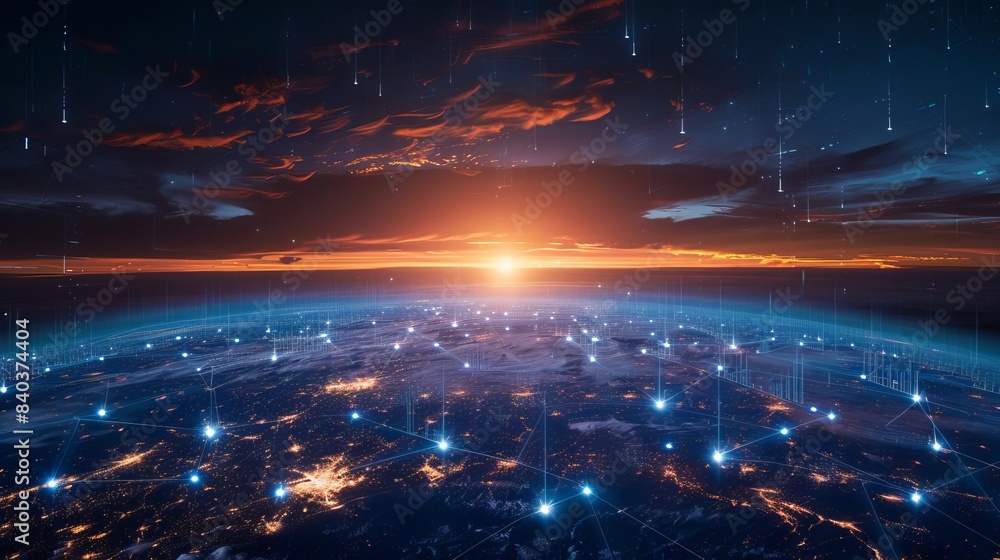 Poster futuristic digital landscape with interconnected nodes representing global unity