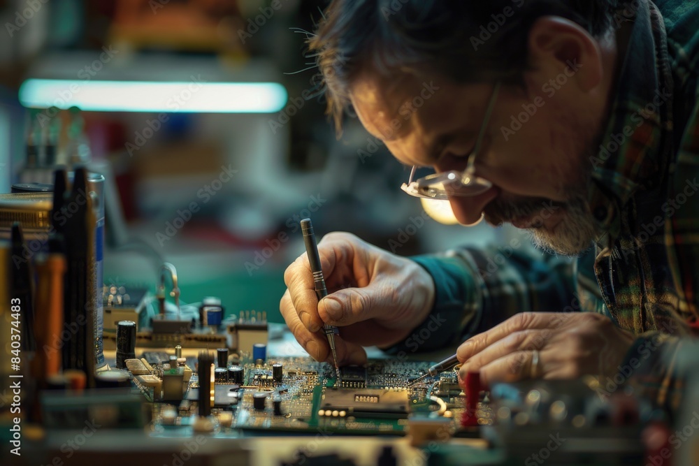 Poster a person assembling electronic components on a printed circuit board