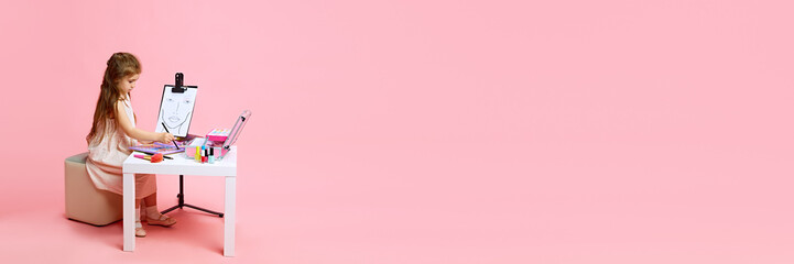 Banner. Girl dreams of being makeup artist, practicing on face sketch with various cosmetics...