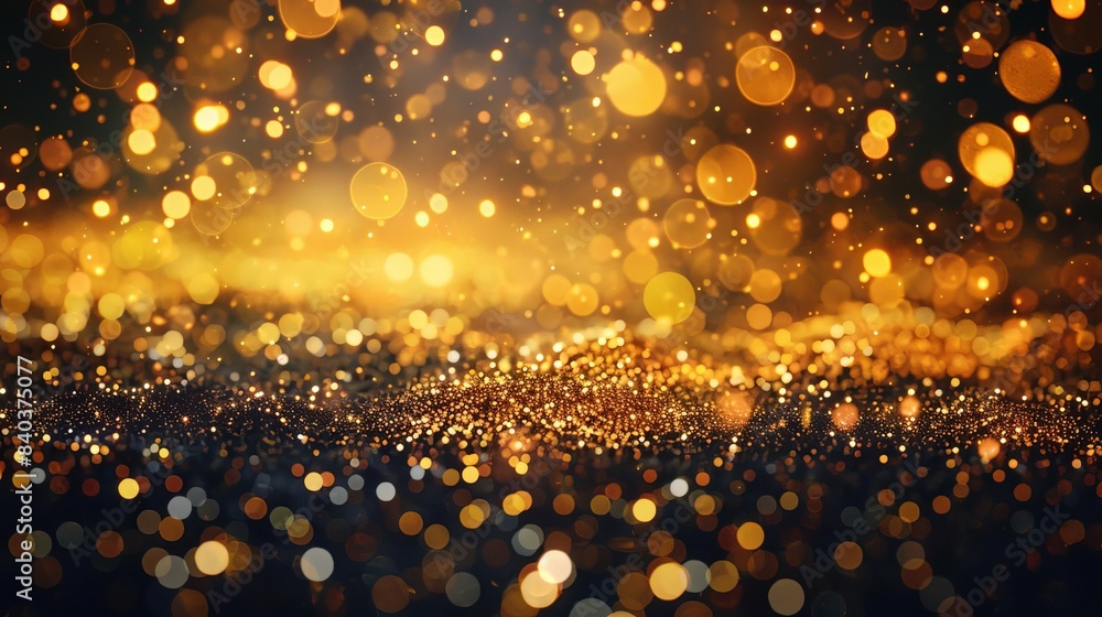 Poster glistening gold lights falling like stardust on dark background festive bokeh overlay texture abstra