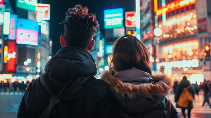 渋谷の夜を探索する西洋人カップル