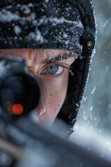 A person carrying a gun in a snowy environment, suitable for use in winter or outdoors scenes