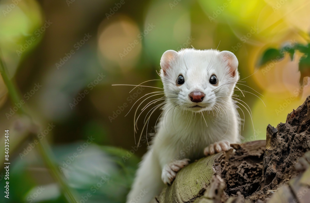 Aufkleber a close-up view of a white ferret perched on the edge of a tree branch, looking directly at the came