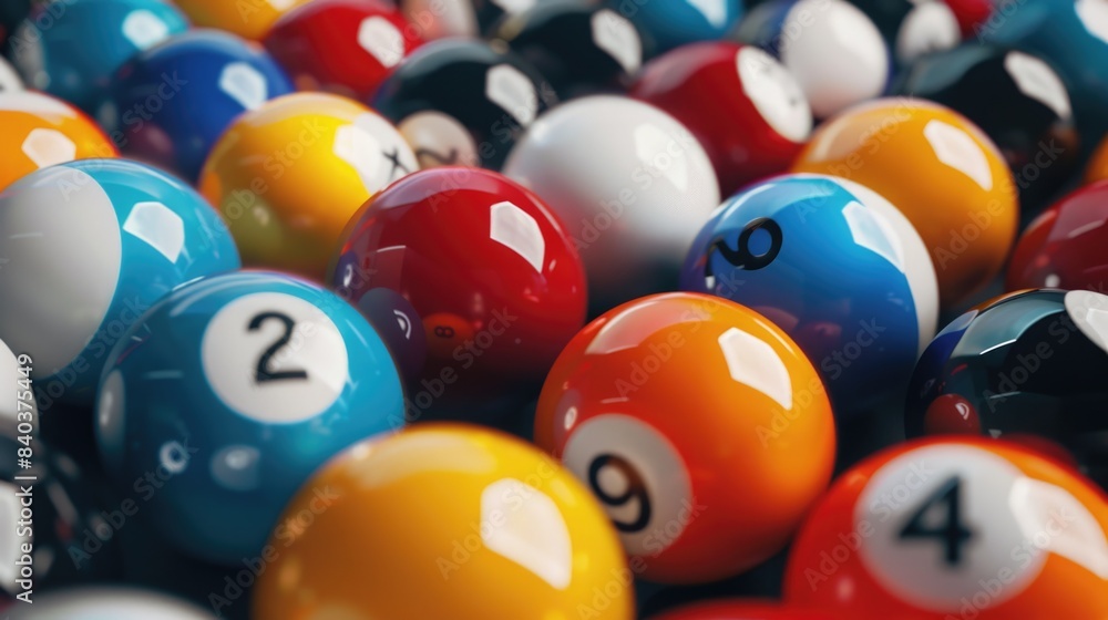 Poster a close-up shot of a pile of pool balls with numbers on them, suitable for use in sports-related con