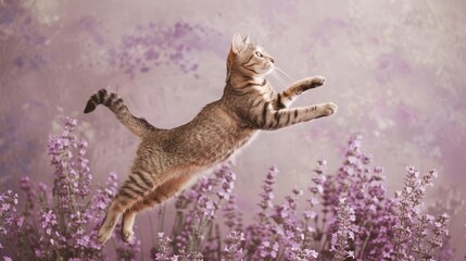 A cat in mid-air as it jumps or leaps, suitable for use in illustrations about pets, animals, and movement