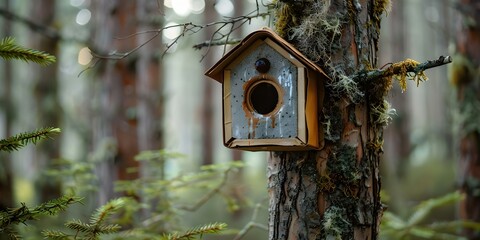 Birdhouse made from milk carton hangs in forest providing shelter and food. Concept DIY Projects, Birdwatching, Eco-friendly Crafts, Wildlife Habitat, Nature Conservation