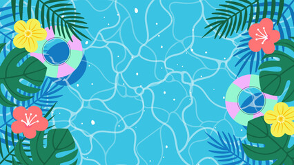 Bright Summer Pool Background with Tropical Plants Front View