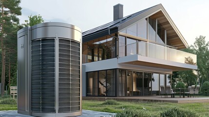 Fototapeta premium A heat pump is located next to the house, and solar panels are installed on the roof. The concept of an energy-efficient home. 3D illustration