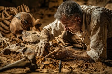 A man excavates and examines a human skeleton buried in the ground, likely for scientific or archaeological purposes