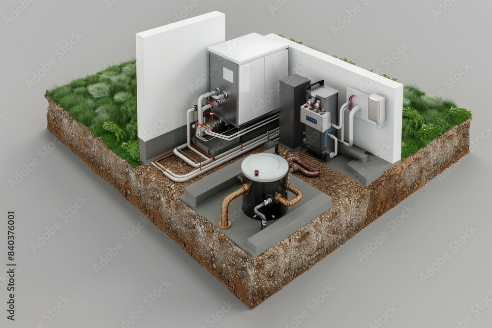 Poster a room with a table and various industrial pipes, ideal for use in blueprints, technical drawings or