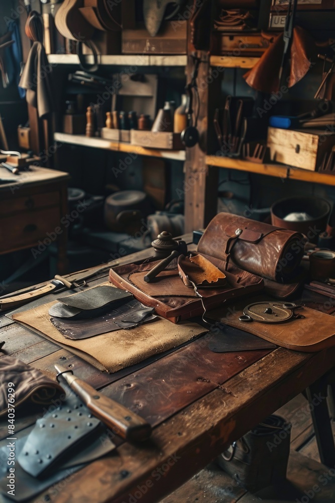 Poster a wooden table filled with an assortment of hand and power tools