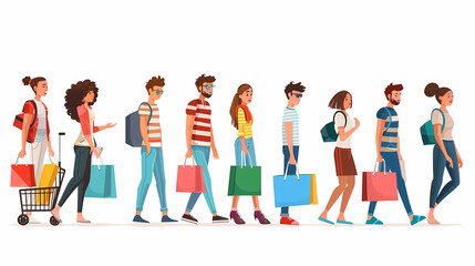 Fototapeta premium Set of Character Carrying Shopping Bags, Symbolizing Consumerism And Retail Therapy. Cartoon Vector Illustration