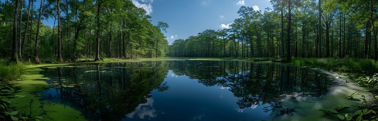 Obraz premium A panoramic view of a nature swamp, the dense vegetation and still waters creating a serene atmosphere