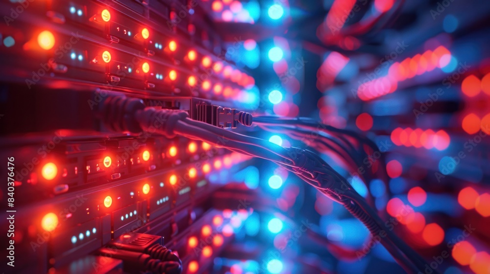 Poster an image of a server room with network cables and lights, network, dynamic compositions, and copy sp