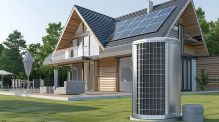 A heat pump is located next to the house, and solar panels are installed on the roof. The concept of an energy-efficient home. 3D illustration
