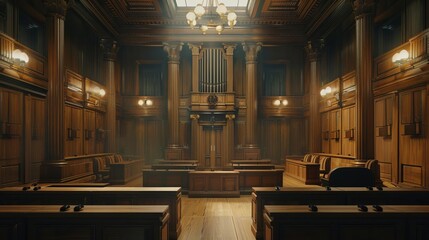 imposing wooden courtroom interior majestic american justice system symbolism realistic 3d illustration