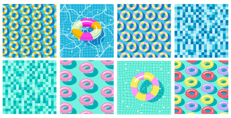 Summer Pool Rubber Rings Seamless Pattern Vector Set