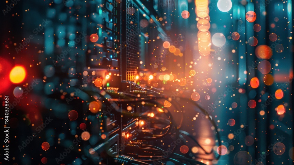 Poster an image of a server room with network cables and lights, network, dynamic compositions, and copy sp
