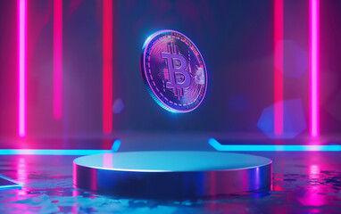 Levitating bitcoin showcase neon background