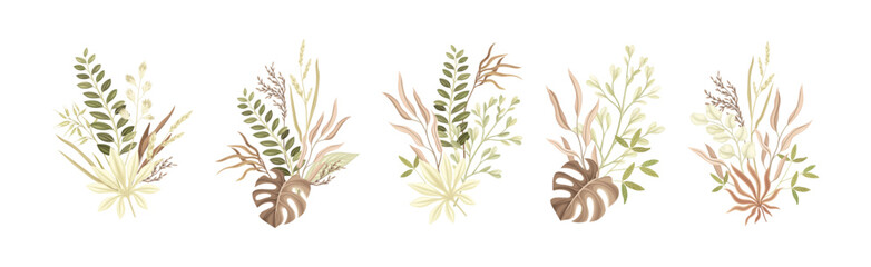 Tender Floral Bouquet Composition with Twigs Vector Set