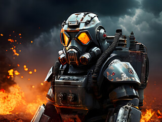 An apocalyptic or nuclear war robot in a chemical protective suit illustrated with digital 3D software and matte painted
