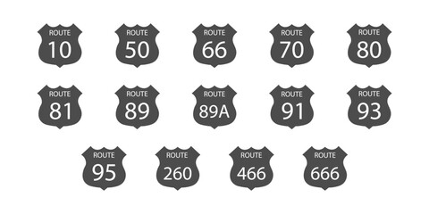 Black US highway sign. Shield sign with route number and text. Vector illustration of Highway 66 road sign. EPS vector graphics.