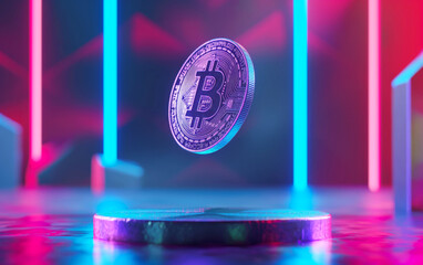 Levitating bitcoin showcase neon background