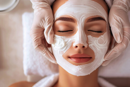 manos de masajista dando tratamiento facial con mascarilla rejuvenecedora a una mujer joven, en un sal&oacute;n de belleza