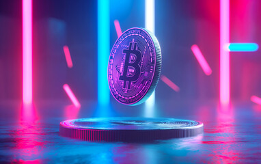 Levitating bitcoin showcase neon background