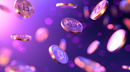 Falling bitcoins, motion blur violet wallpaper