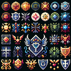 Pixel Art Icons of RPG Hero's Crests