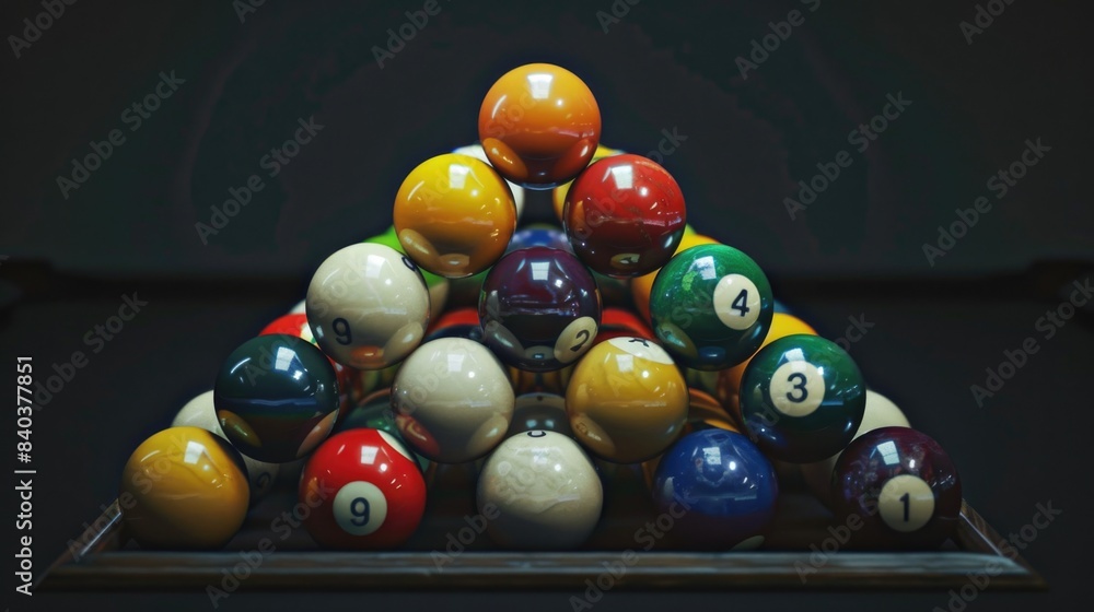 Poster a stack of colorful pool balls arranged on a table