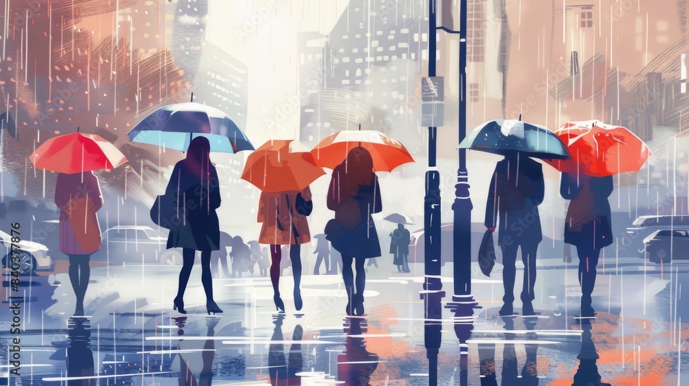 Poster group of individuals walking together while holding umbrellas, suitable for use in weather-related o