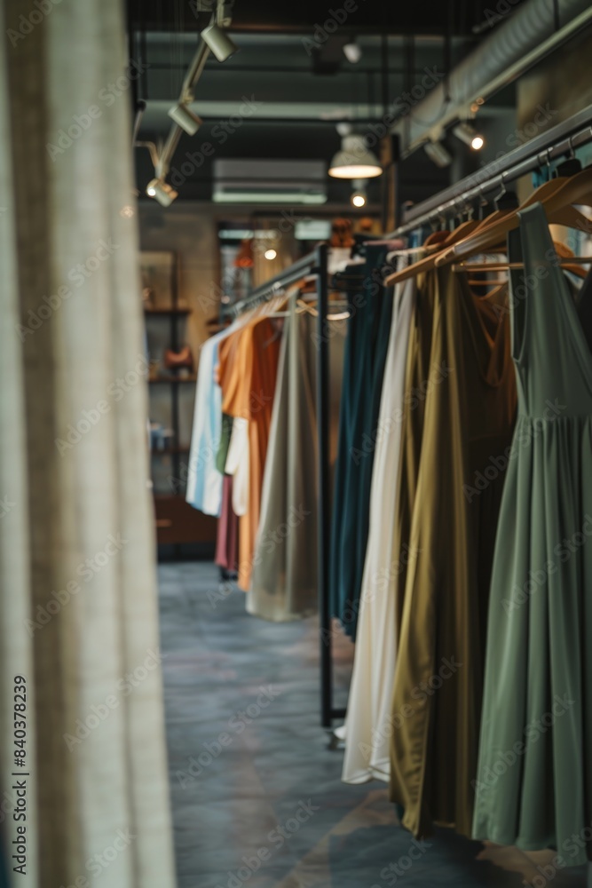 Poster A collection of dresses displayed on a clothing rack, ideal for fashion or lifestyle images