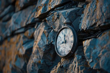 Naklejka premium A close-up view of an old-fashioned clock set into a stone wall, with intricate carvings and moss-covered details