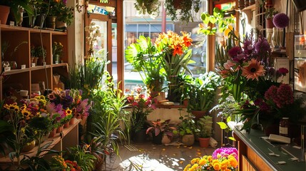 Obraz premium inviting floral shop interior with vibrant blooms and lush greenery illuminated by natural sunlight photograph